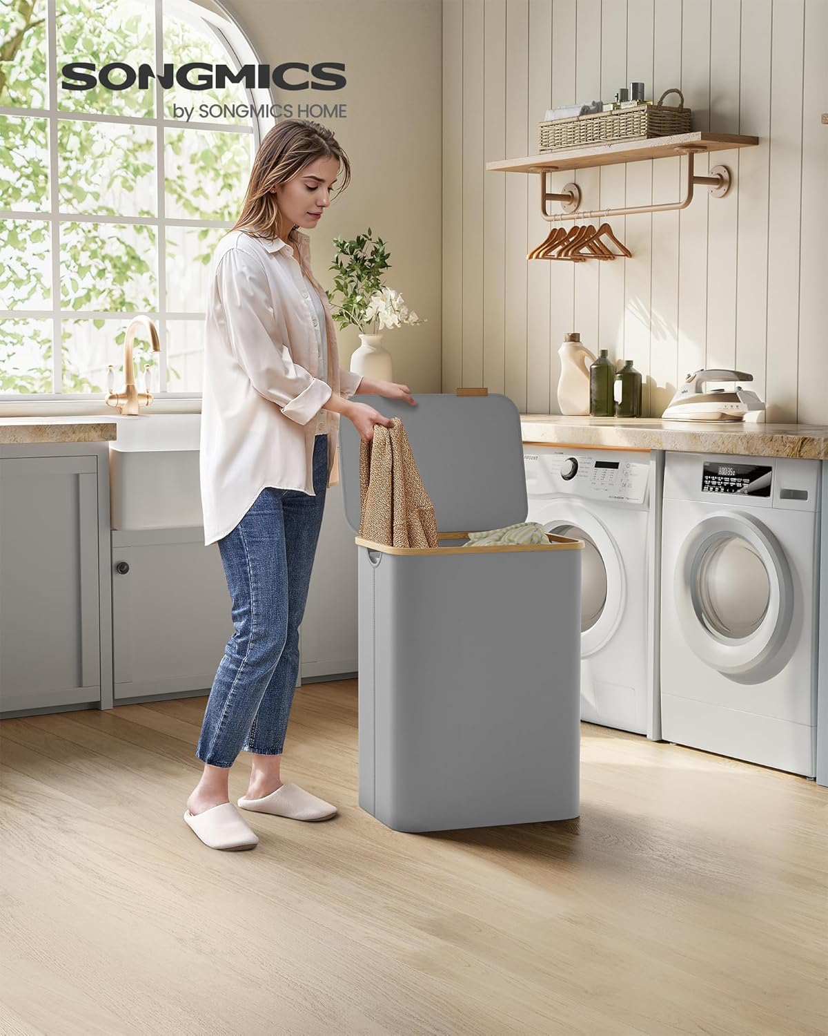 SONGMICS Cos de rufe textil, pliabil, cu 2 compartimente detasabile, 130L, 52x39x71 cm, gri