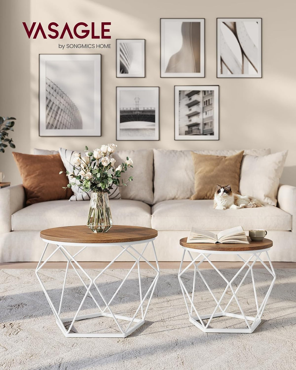 VASAGLE Set de 2 mese de cafea rotunde, cadru otel si blat detasabil, 40cm si 50cm, alb si maro