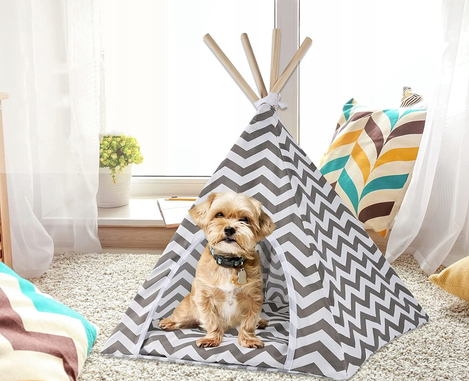 Cort de interior pentru catei, pisici si iepurasi, gri cu alb, 50x40x60cm