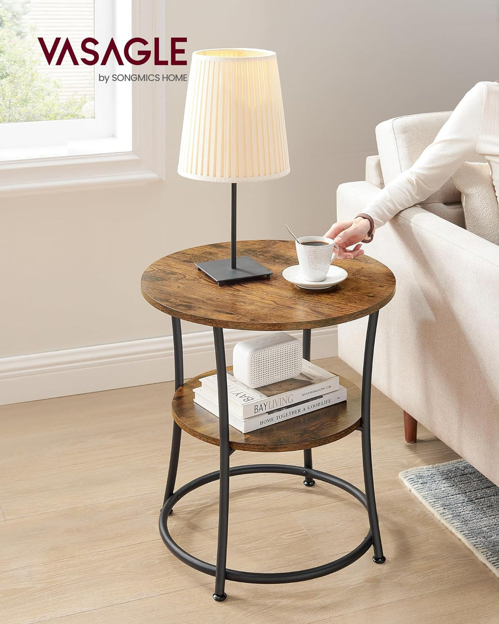 VASAGLE Masuta laterala rotunda, tip noptiera, cu 2 rafturi, cadru de otel, 55x55cm, maro rustic