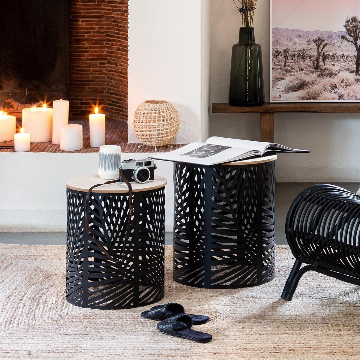 Set 2 masute cafea Atmosphera Akira, 39x45 cm si 35x40 cm, structura metalica, negru