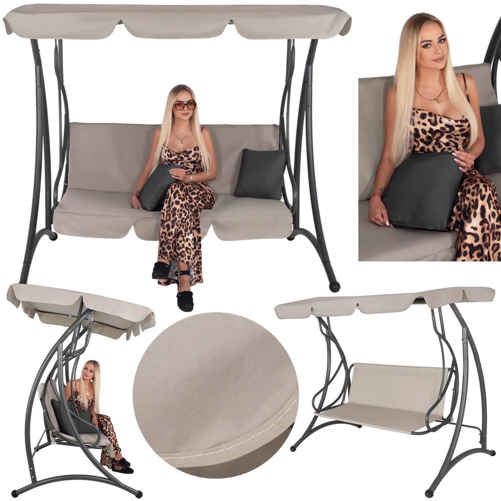Leagan de gradina 190x115x176 cm, pentru 3 persoane, copertina reglabila, perne incluse, cadru otel si material impermeabil, bej