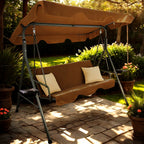 Leagan gradina 3 locuri 170x118x153 cm, cu perne, baldachin reglabil si masute laterale, structura otel, maro