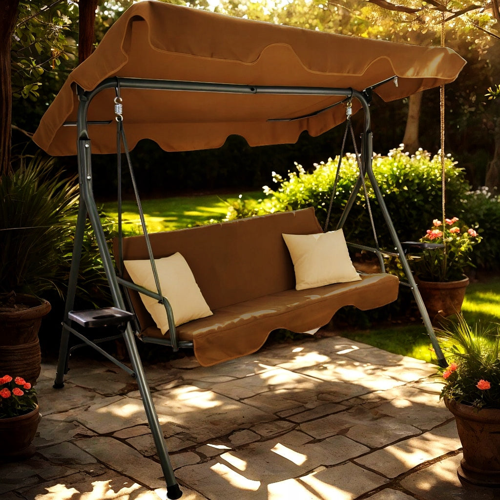 Leagan gradina 3 locuri 170x118x153 cm, cu perne, baldachin reglabil si masute laterale, structura otel, maro