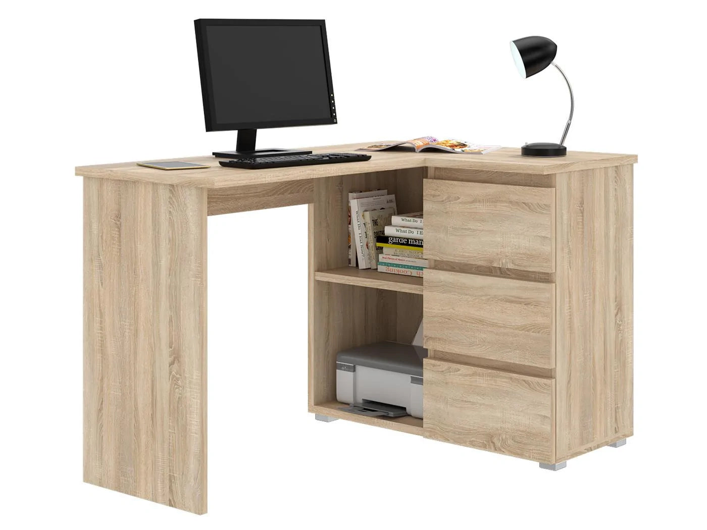 Birou colt Norge cu 3 sertare si 2 rafturi, 124x89x75 cm, stejar