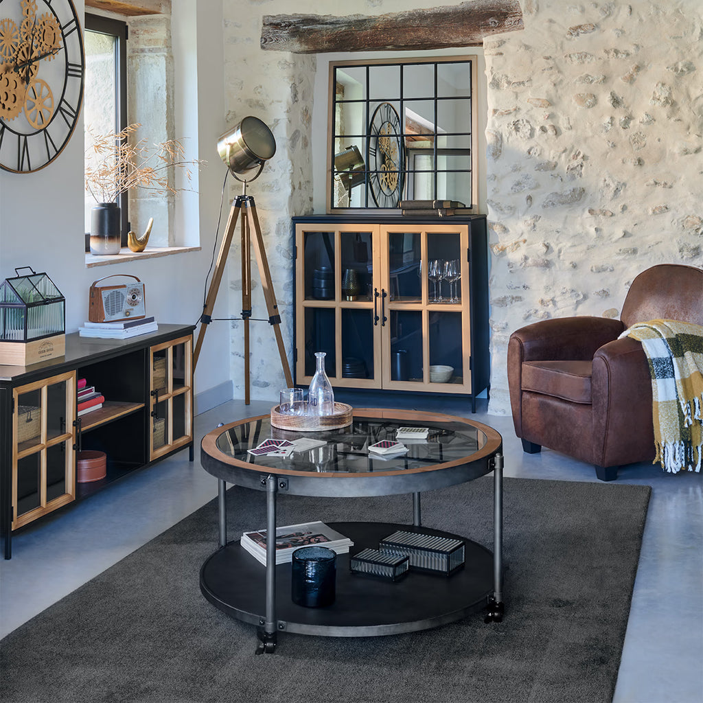 Masuta cafea rotunda Atmosphera Baris Chrono cu blat ceas, 95x47 cm, negru