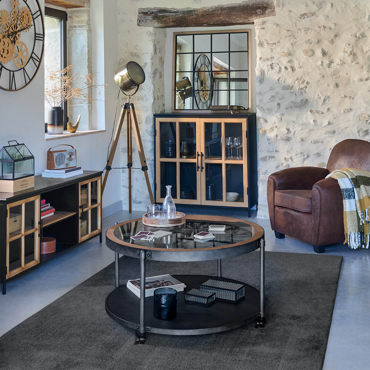 Masuta cafea rotunda Atmosphera Baris Chrono cu blat ceas, 95x47 cm, negru