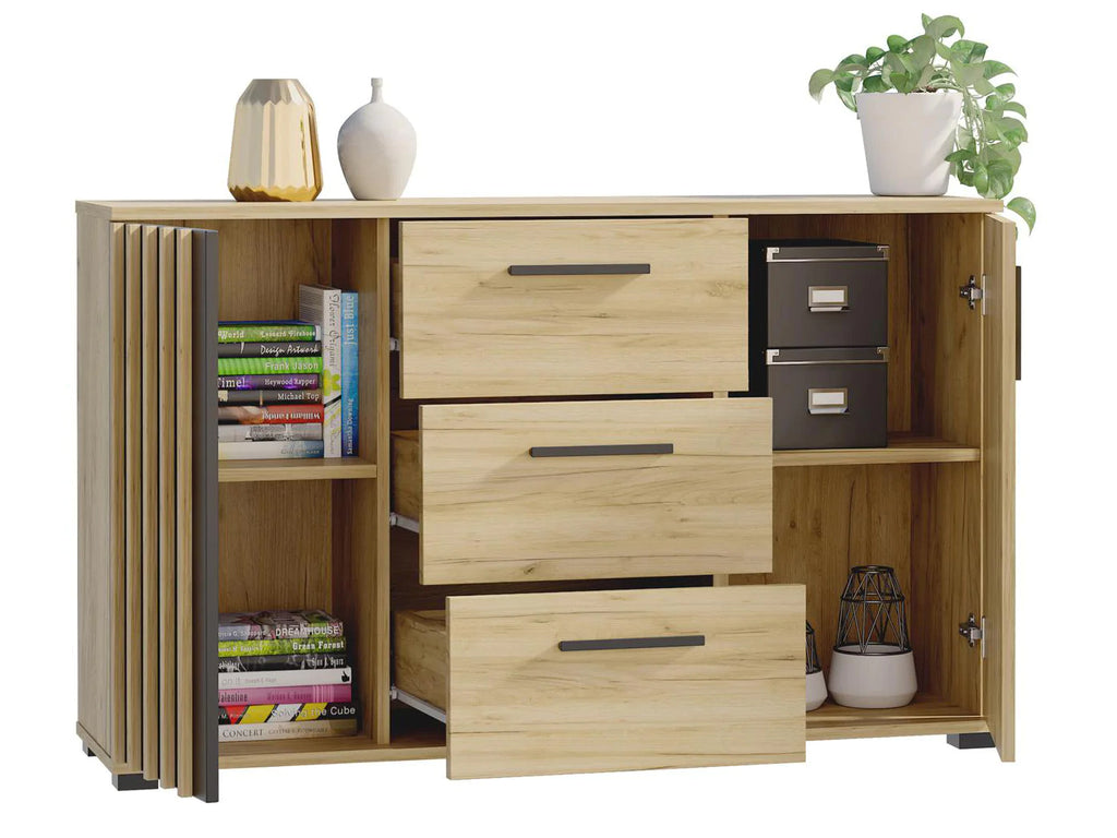 Comoda moderna cu 3 sertare si 2 usi, 140x38x80 cm, finisaj negru craft