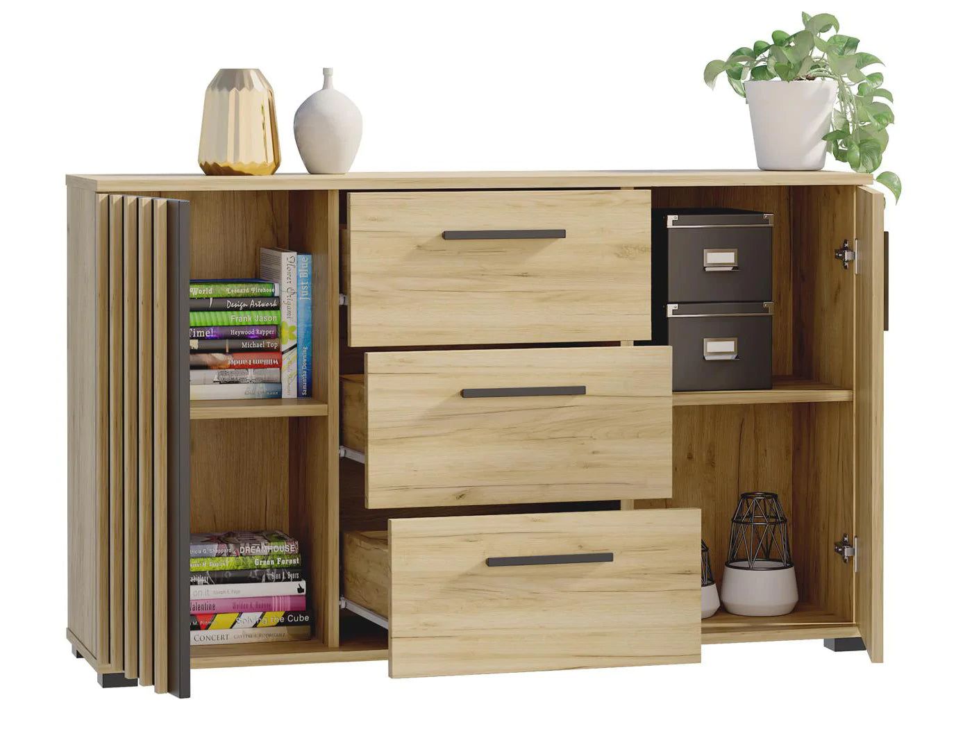 Comoda moderna cu 3 sertare si 2 usi, 140x38x80 cm, finisaj negru craft