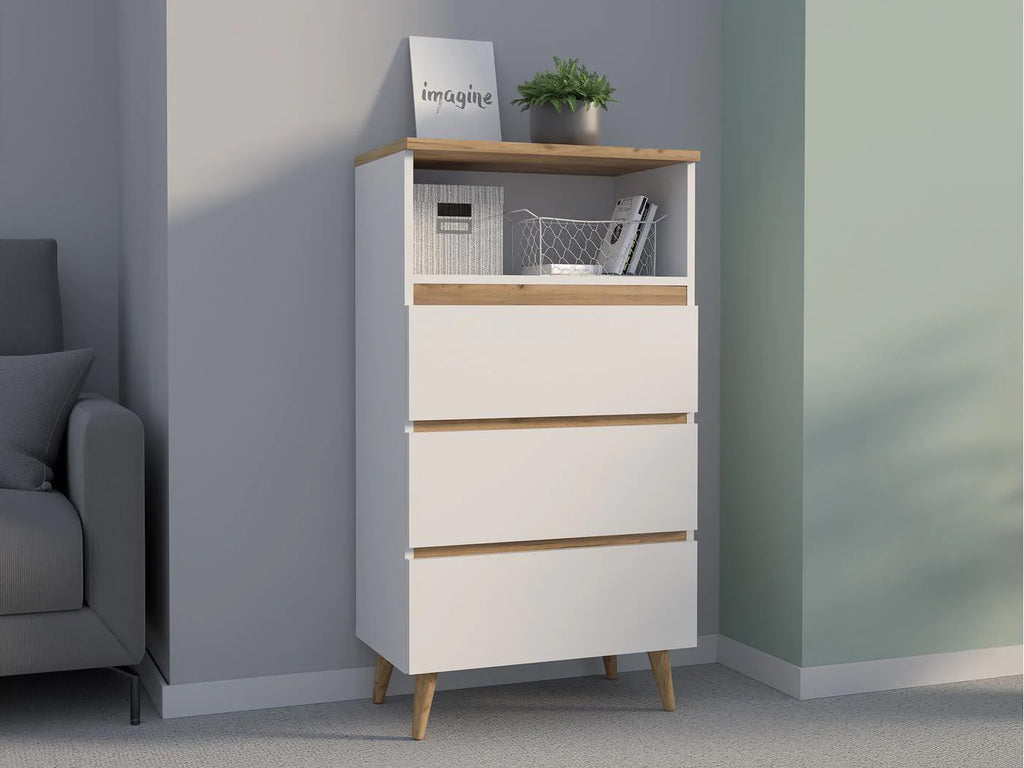 Comoda biblioteca Norge 03 cu 3 sertare si raft deschis, 65x37x119 cm, alb si stejar craft