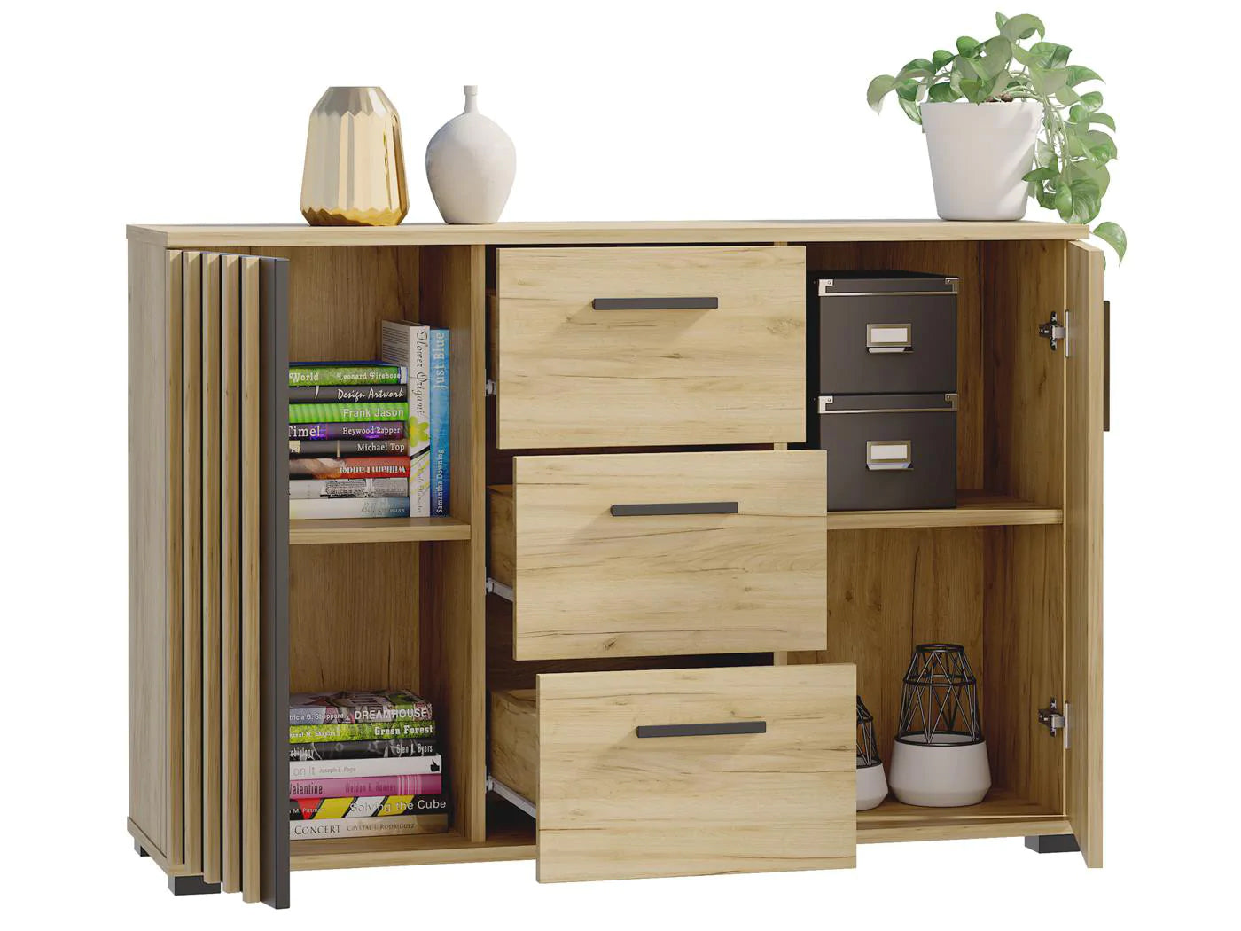 Comoda Montana 120 cu 2 usi si 3 sertare, 120x37x80 cm, craft si negru