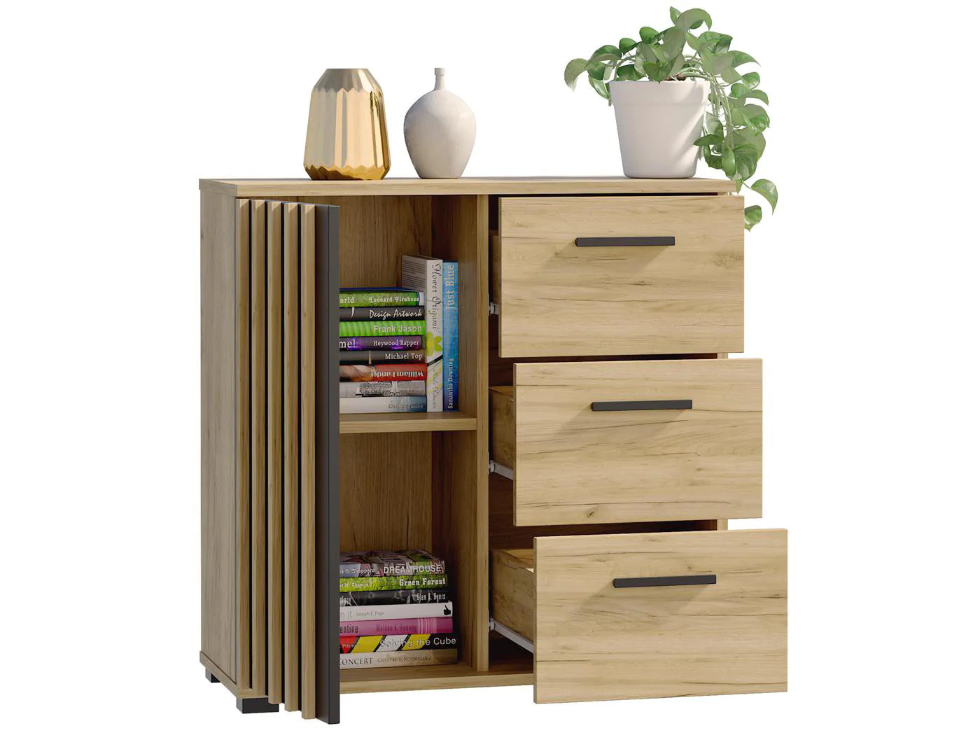 Comoda Montana 80 cu 3 sertare si 1 usa, 81x37x80 cm, negru si stejar craft