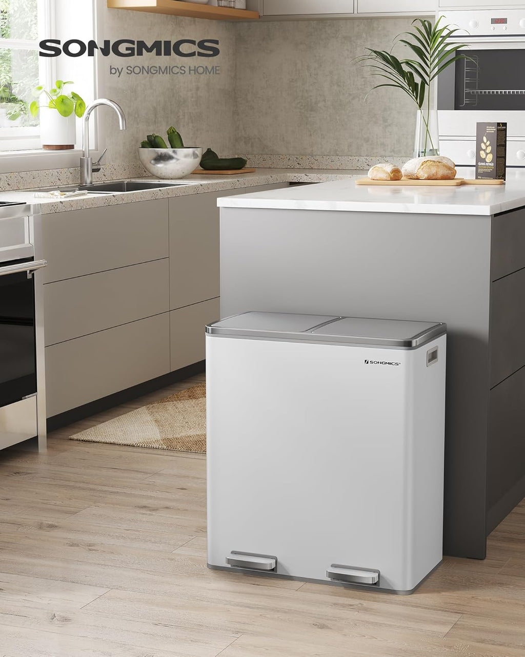 SONGMICS Cos gunoi dublu 59x32x65 cm, 2x30L, cu pedale si galeata detasabila, alb