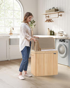 SONGMICS Cos rufe 63x42x61 cm, 150L, pliabil cu capac si sac lavabil, bambus si textil, bej natur