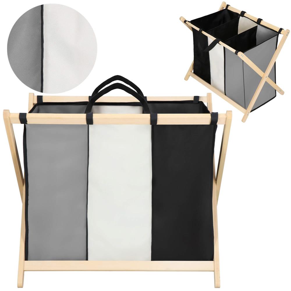 Cos de rufe cu 3 compartimente, cadru din lemn, 67x42x57 cm, 105 litri