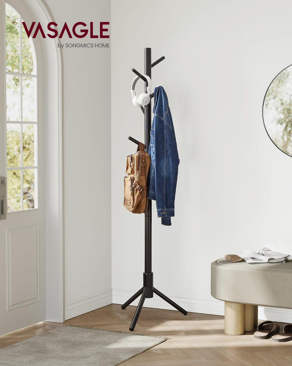 VASAGLE Cuier lemn masiv 47x47x175 cm, 8 carlige si inaltime reglabila, baza triunghiulara, negru