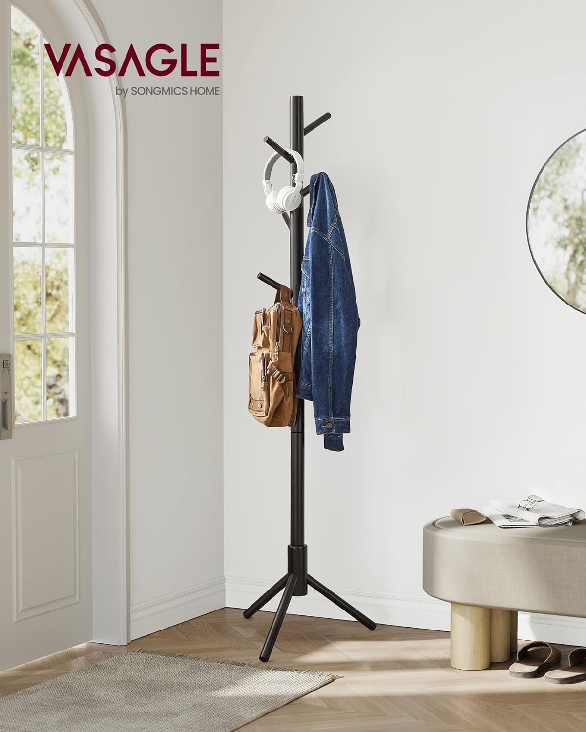 VASAGLE Cuier lemn masiv 47x47x175 cm, 8 carlige si inaltime reglabila, baza triunghiulara, negru