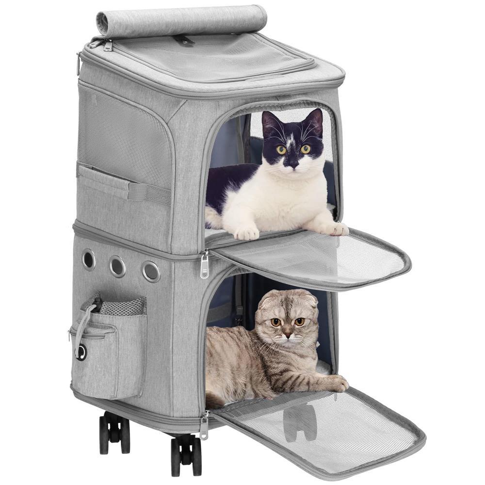 Carucior tip troller pentru transport animale, dublu cu 2 compartimente separate, maxim 22 kg, 55x34x26 cm, gri