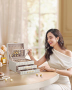 SONGMICS Cutie de bijuterii pe 3 nivele, cu oglinda si tavi detasabile, 22x24x16 cm, alb crem