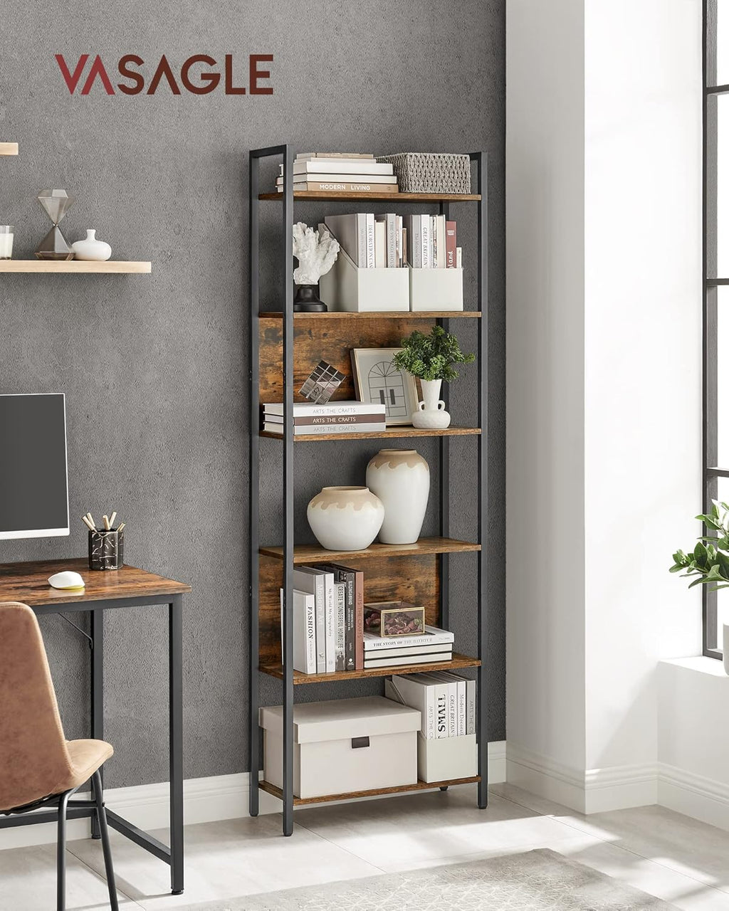 VASAGLE Biblioteca 60x24x186 cm, 6 rafturi, stil industrial, PAL si otel, maro rustic-negru
