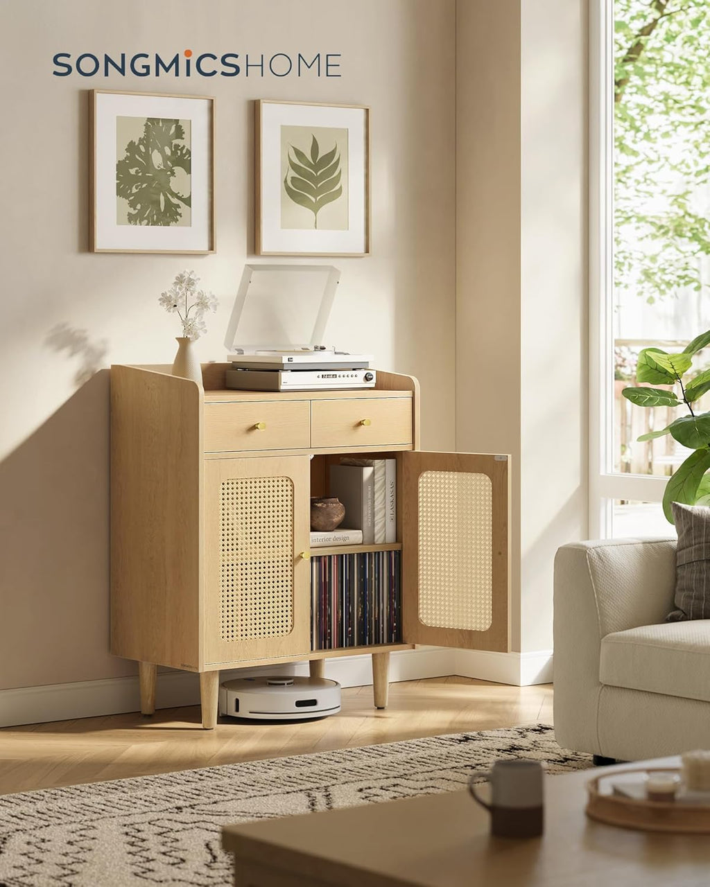 SONGMICS Dulap 70x40x90 cm, cu 2 sertare, raft reglabil si usi duble, MDF si lemn masiv, stil boho, stejar bej