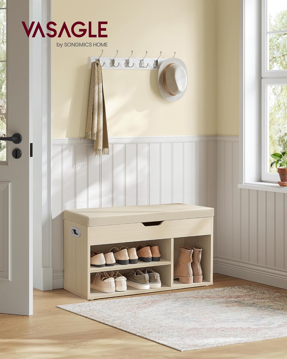 VASAGLE Pantofar cu banca, capitonata, 3 compartimente, sarcina 150 kg, 30x80x44cm, modern, bej