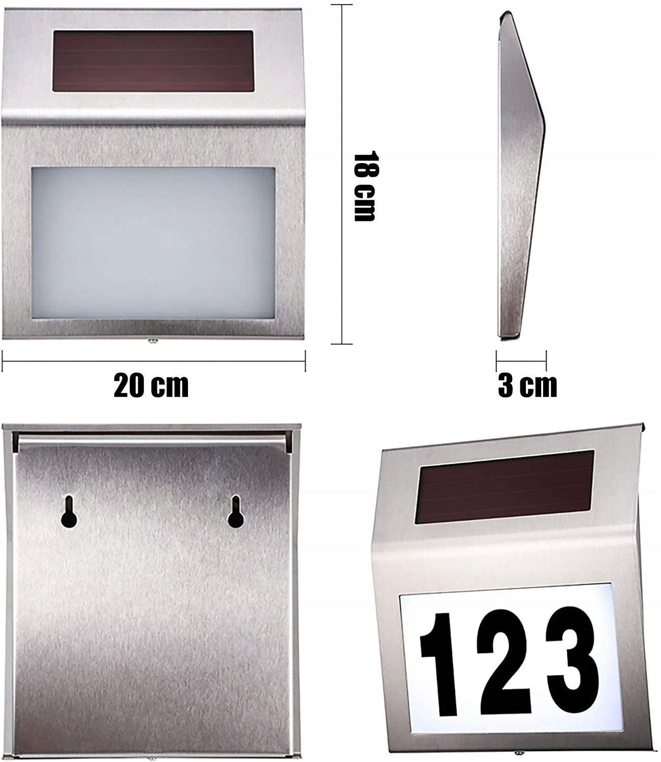 Lampa solara LED afisare numar de casa, inox, kit montare inclus, 20x18x3 cm