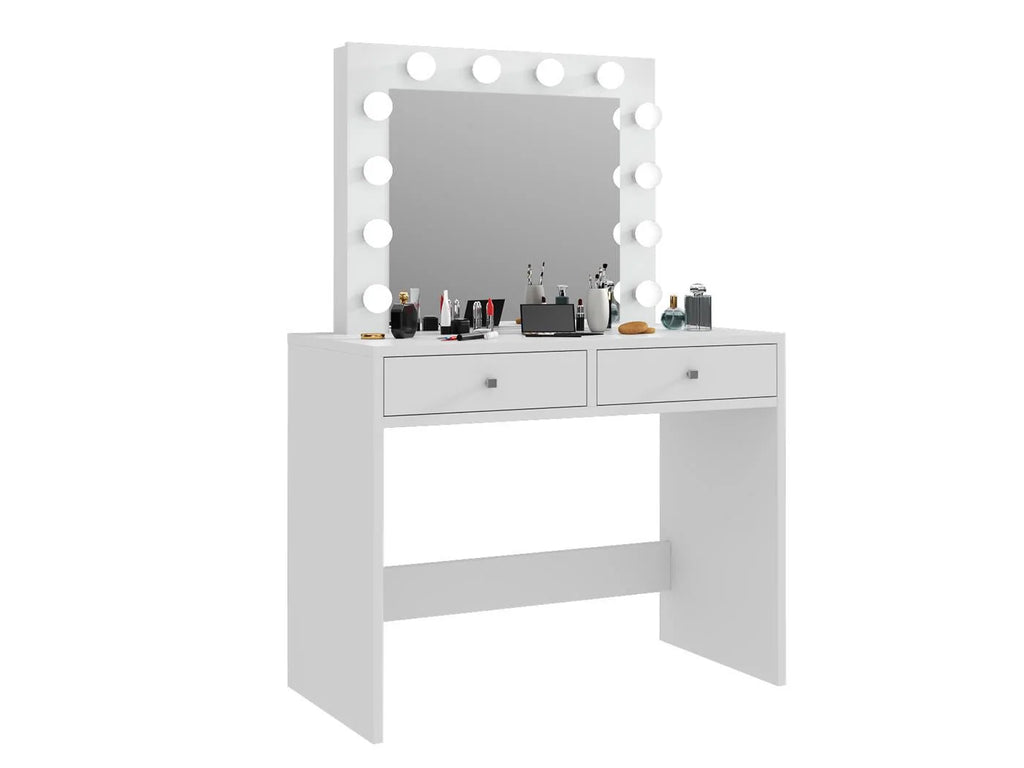 Masa de toaleta si machiaj Mega 12 LED, 100x50x144 cm, cu oglinda iluminata si 2 sertare, alb
