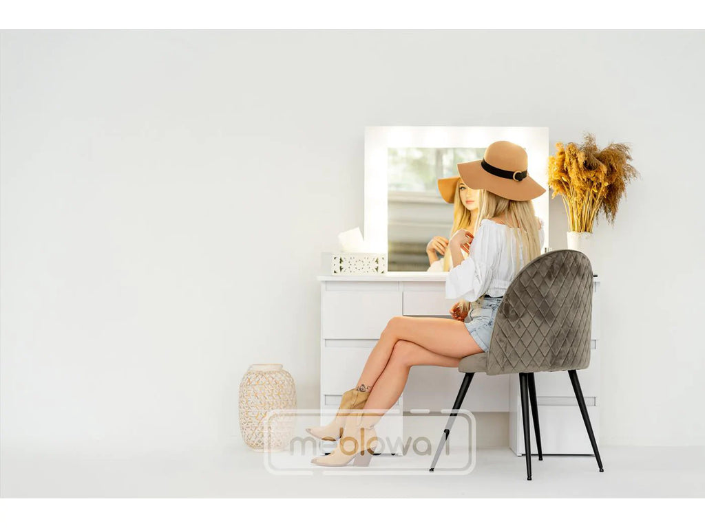 Masa de toaleta si machiaj cu oglinda LED si 7 sertare, 120x43x140 cm, alb