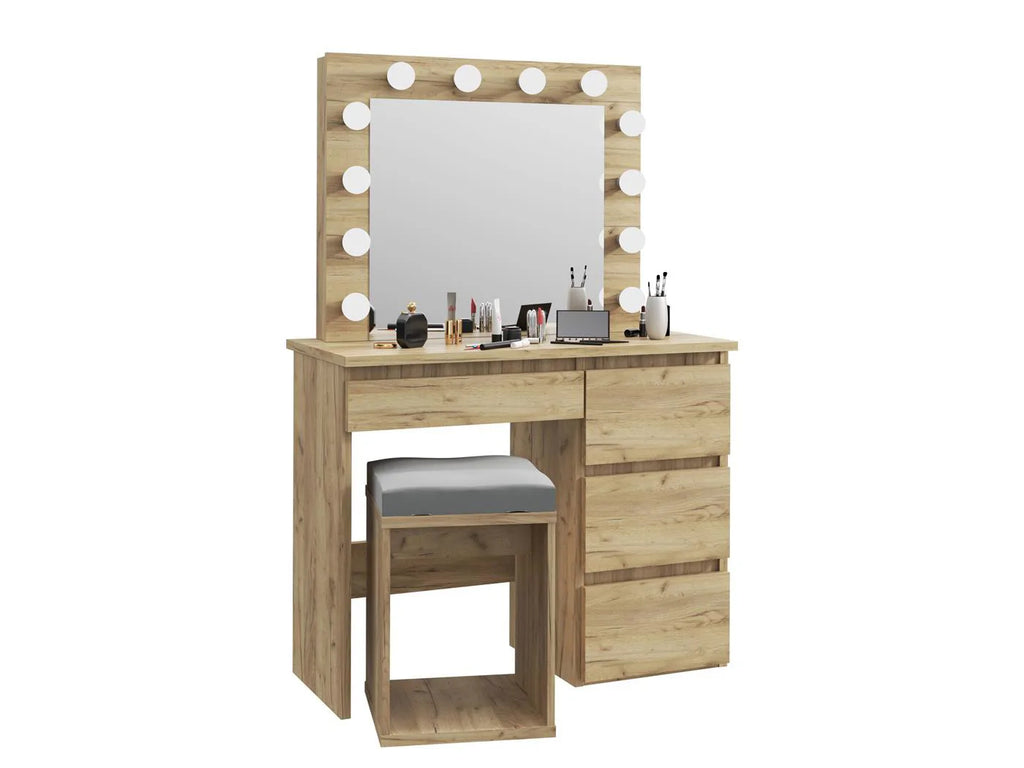 Masa de toaleta si machiaj Hollywood cu oglinda LED si 4 sertare, 94x43x140 cm, craft