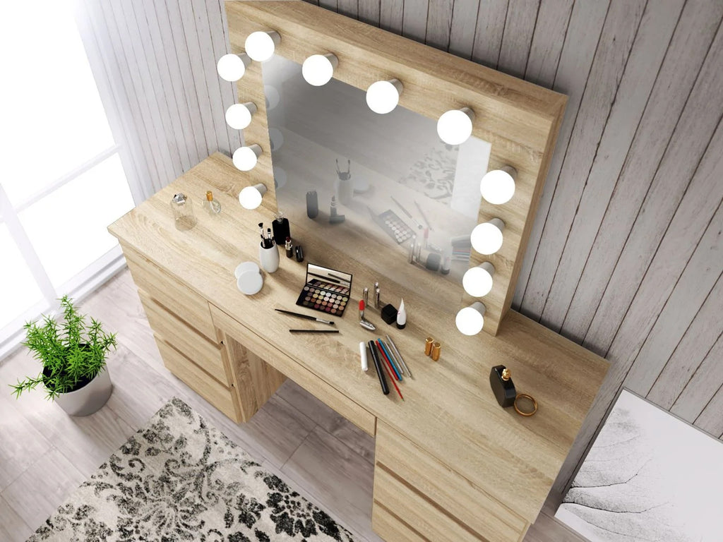 Masa de toaleta si machiaj cu oglinda LED si 7 sertare, 120x43x140 cm, sonoma