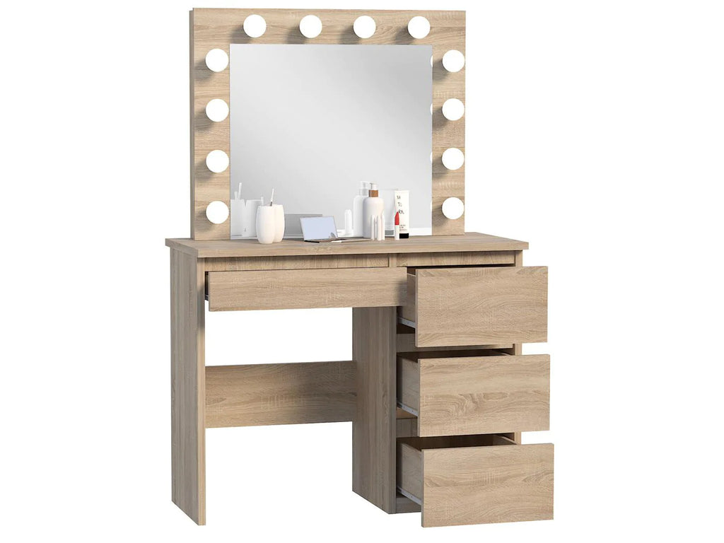 Masa de toaleta si machiaj Hollywood cu oglinda LED si 4 sertare, 94x43x140 cm, stejar