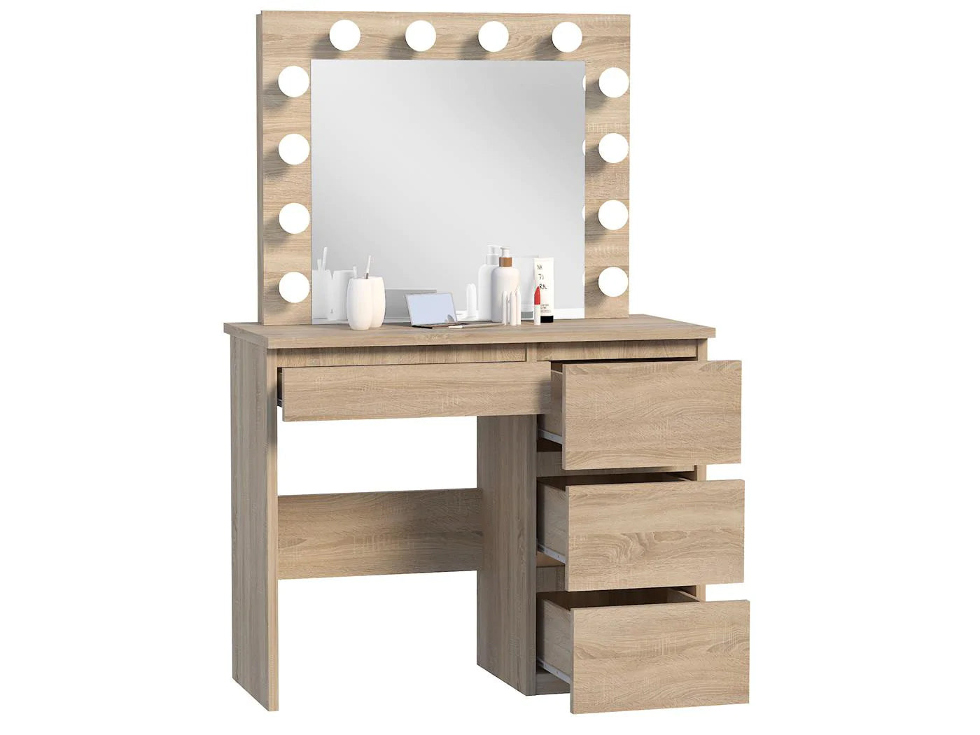 Masa de toaleta si machiaj Hollywood cu oglinda LED si 4 sertare, 94x43x140 cm, stejar
