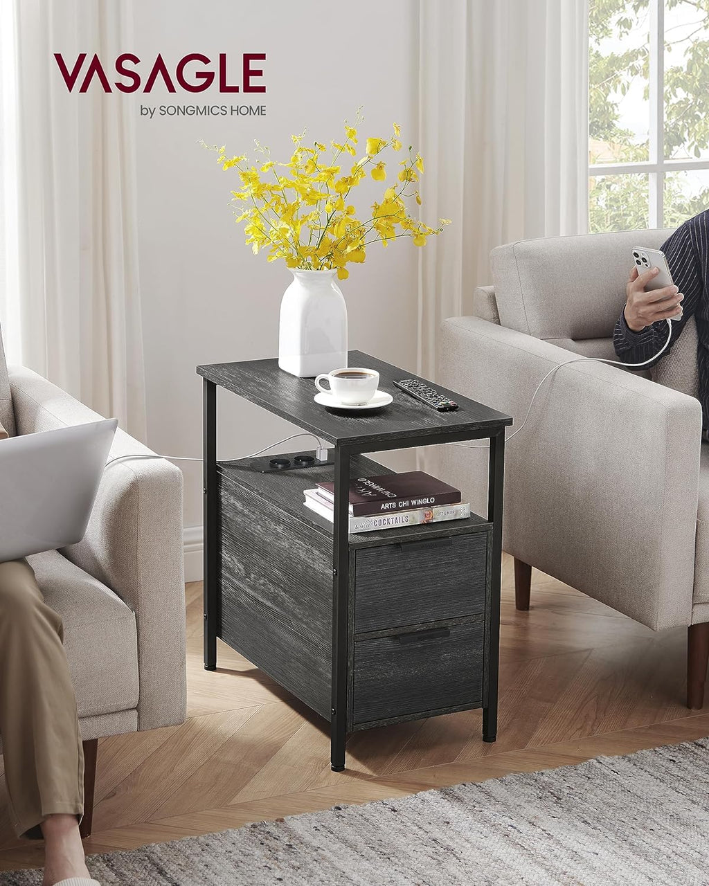 VASAGLE Noptiera 60x35x61 cm, cu 2 sertare, rafturi si priza incorporata, PAL si otel, gri antracit si negru