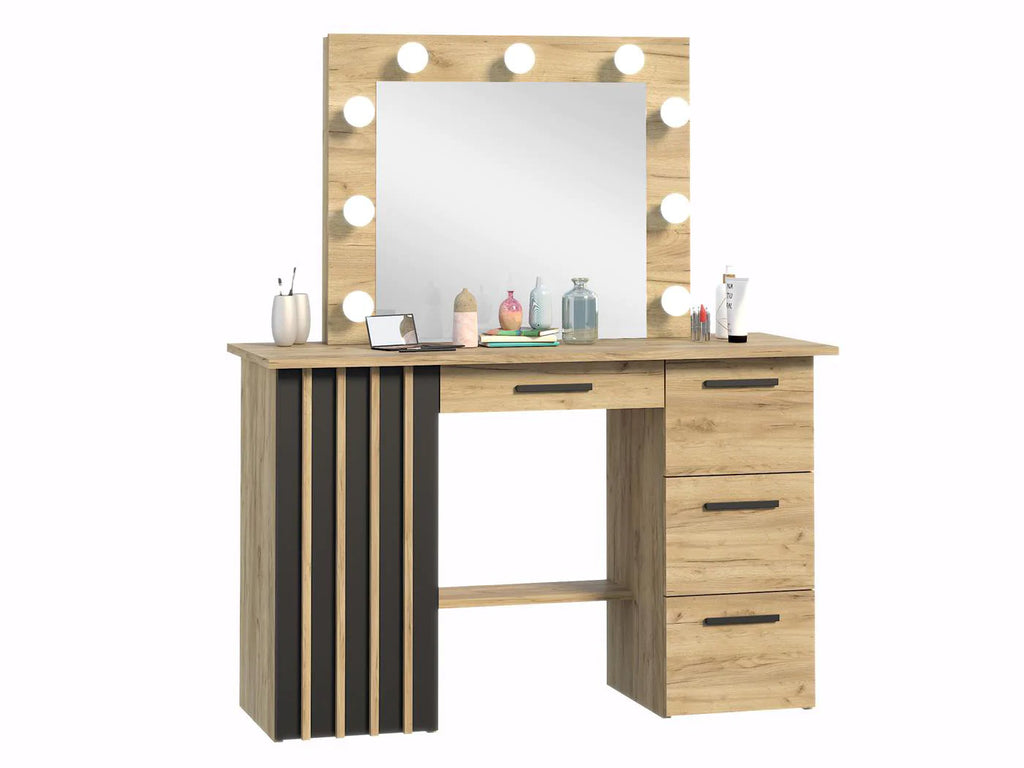 Masa de toaleta si machiaj suspendabila 120x45x140 cm cu oglinda LED si 4 sertare, craft si negru