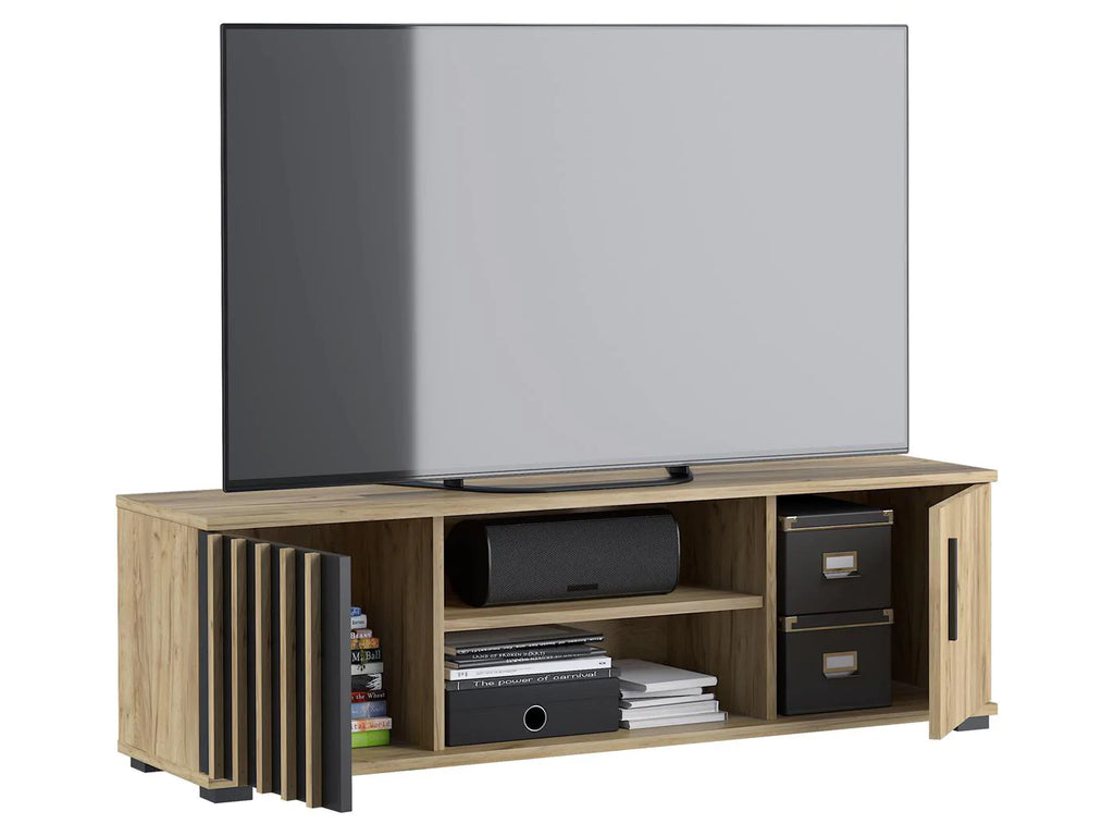 Comoda TV moderna 140x37 cm cu 2 usi si rafturi, finisaj craft cu negru