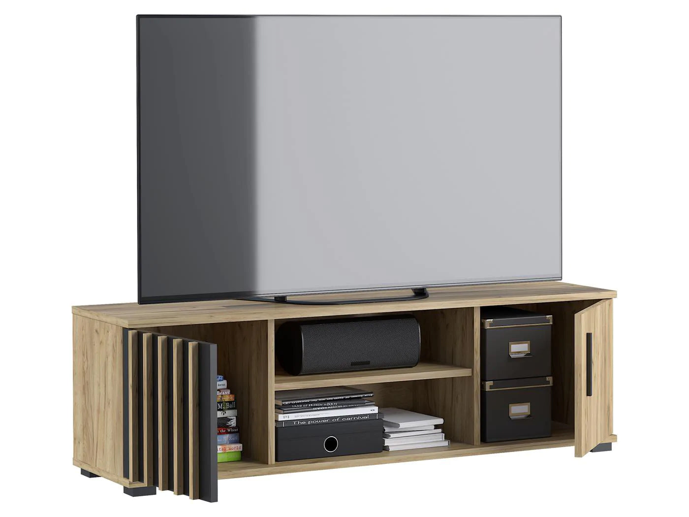 Comoda TV moderna 140x37 cm cu 2 usi si rafturi, finisaj craft cu negru