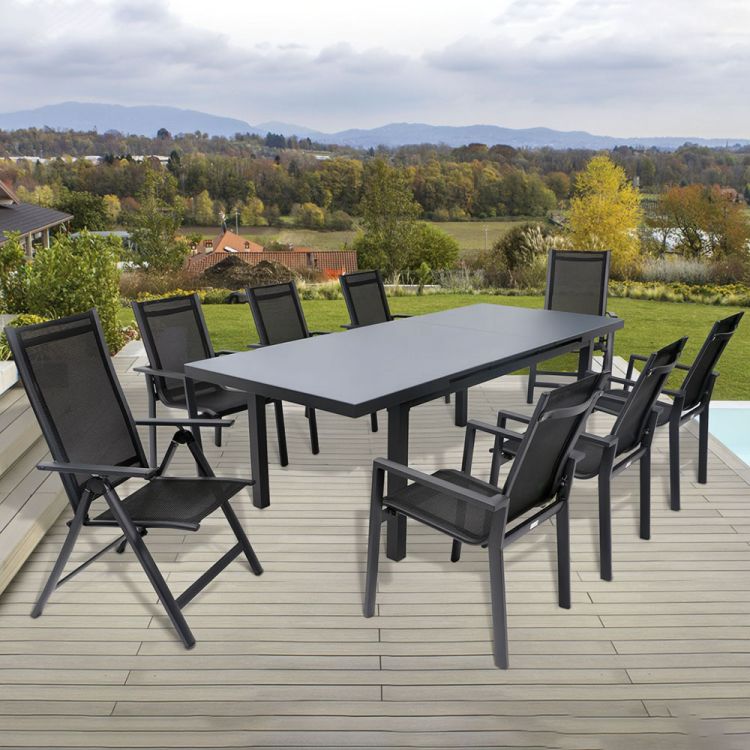 Set 4 scaune gradina 70x57x106 cm, pliante cu spatar reglabil 7 pozitii, structura otel si textilena, negru