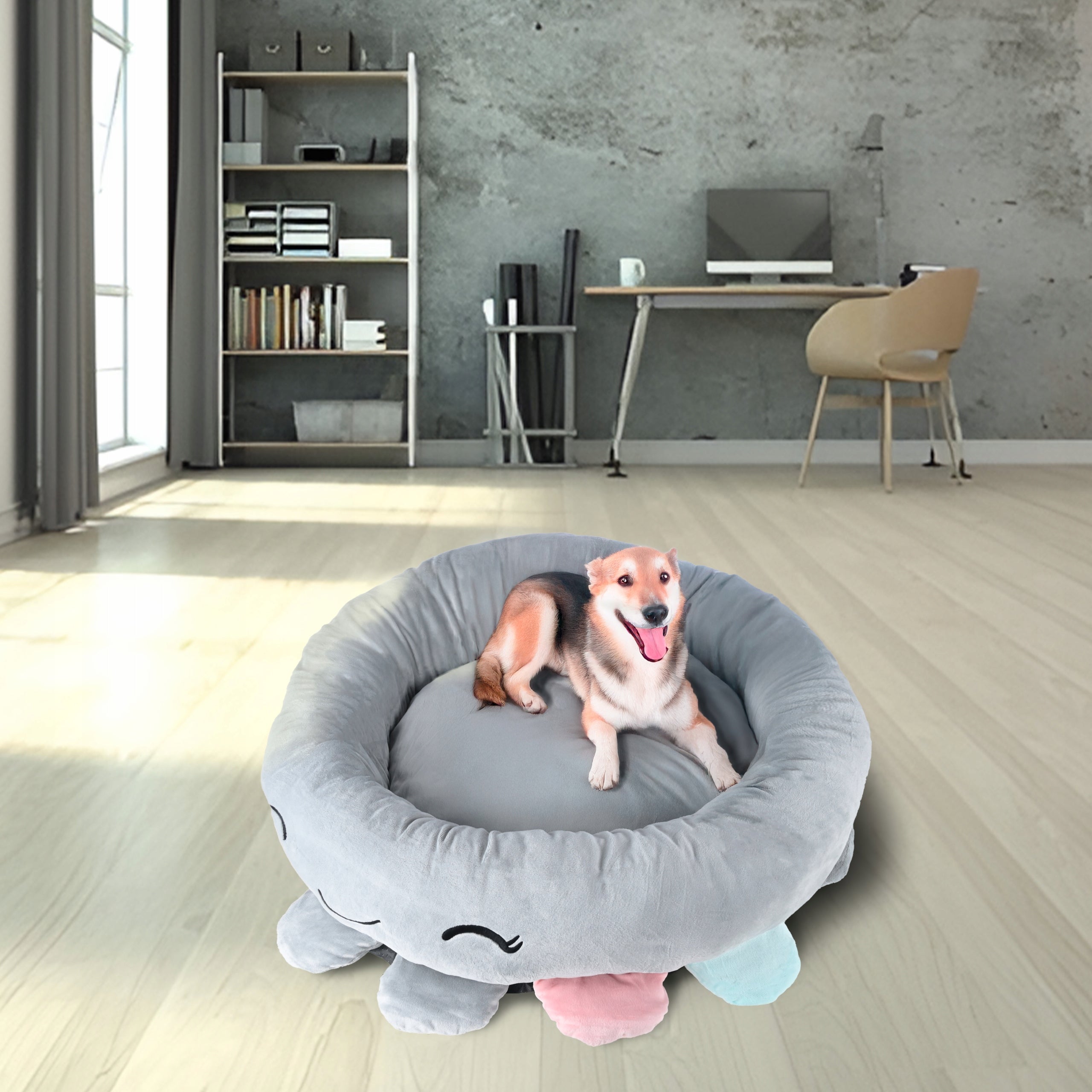 Pat pentru caini, cu margini groase ridicate, antiderapant, model meduza, 70x70x20 cm, gri