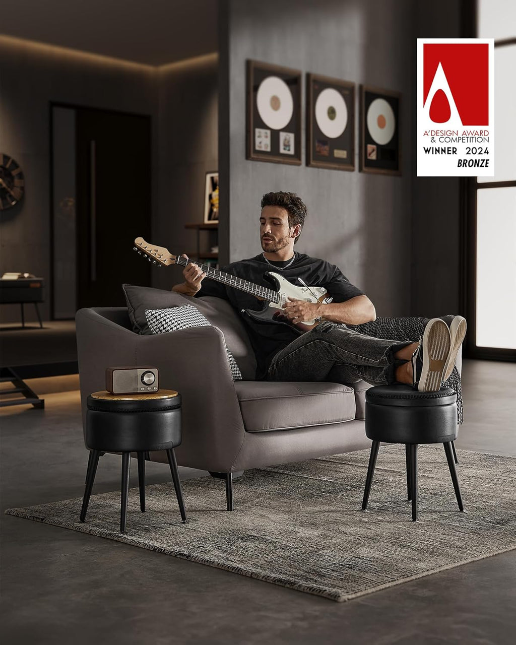 VASAGLE Taburet cu spatiu de depozitare, tapitat PU, cu 2 fete, diametru 32 cm, negru