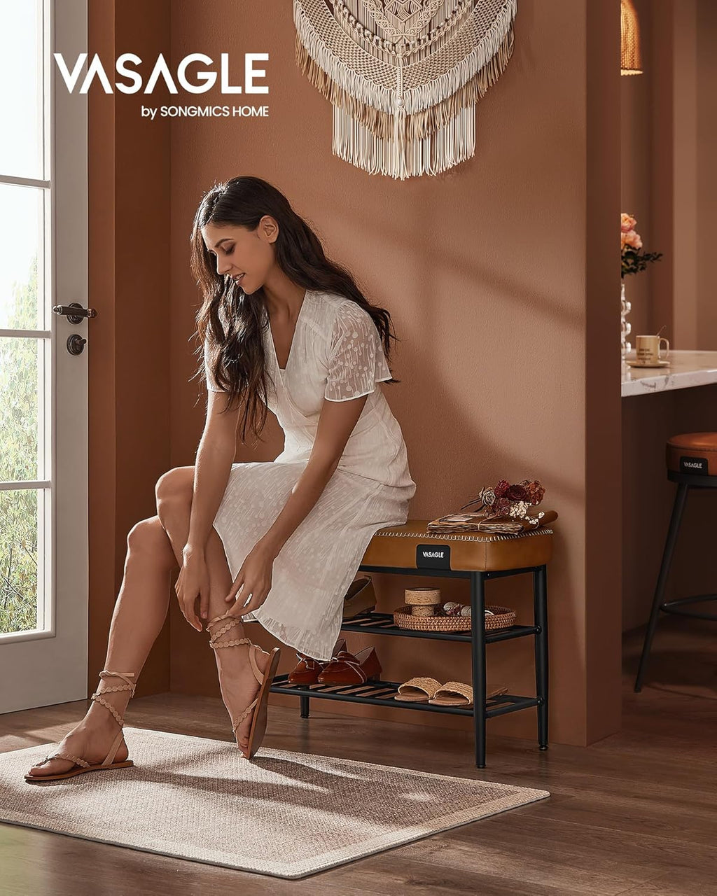 VASAGLE Banca pantofi 80x30x50 cm, cu rafturi si sezut tapitat, otel si piele PU, maro caramel