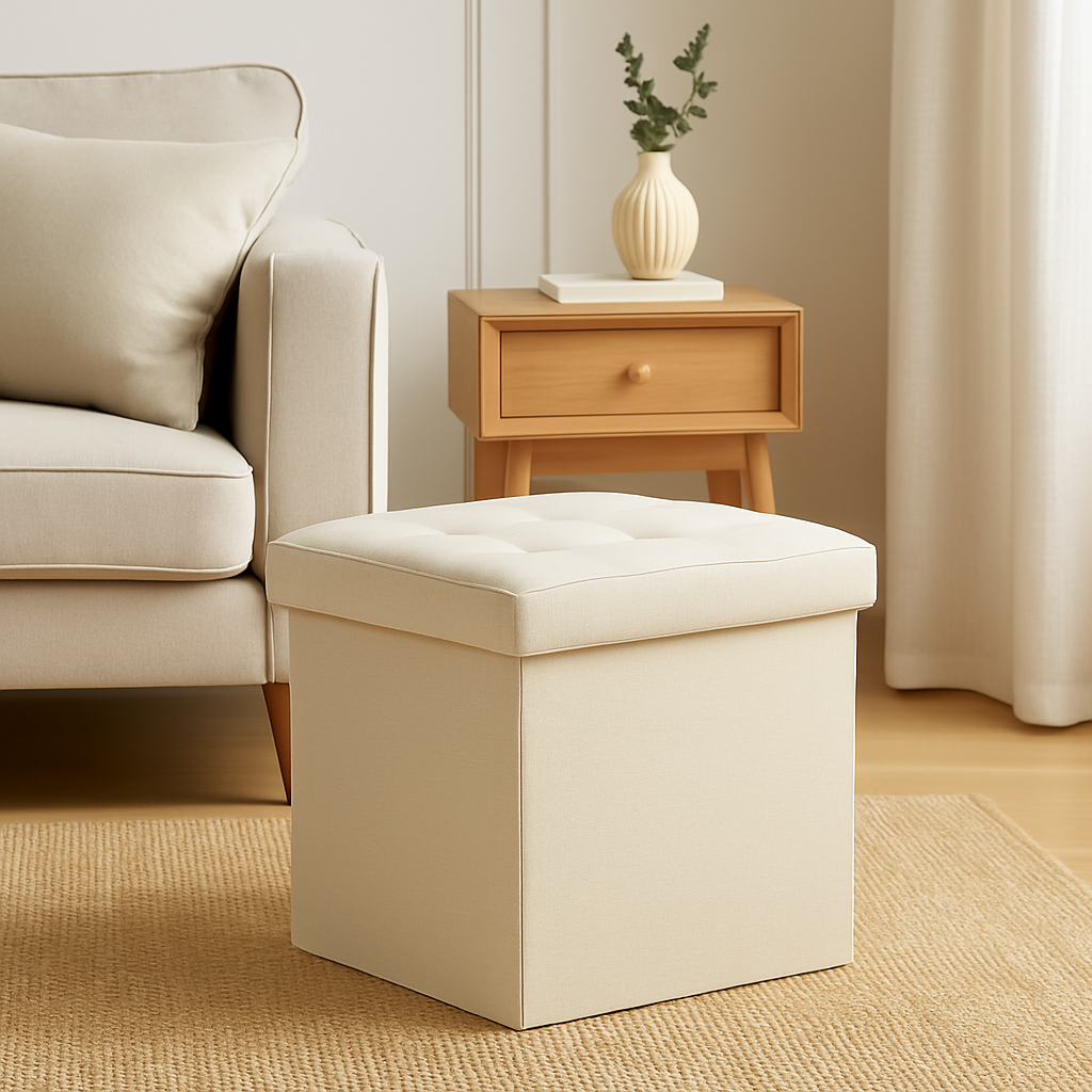 Taburet pliabil Atmosphera Lysandre cu spatiu de depozitare, 38x38x38 cm, bej