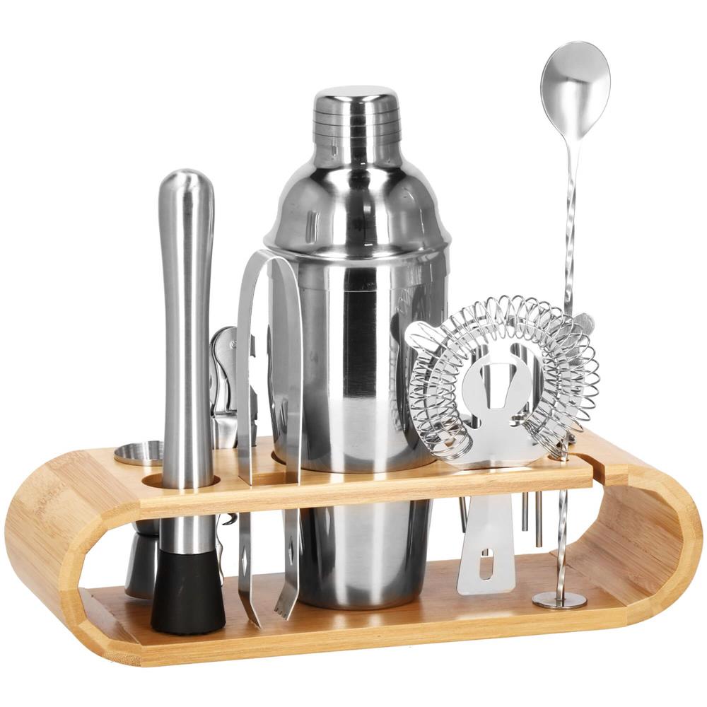 Set Cocktail Shaker Kit pentru barmani 750ml, KI25, suport bambus, 12 piese