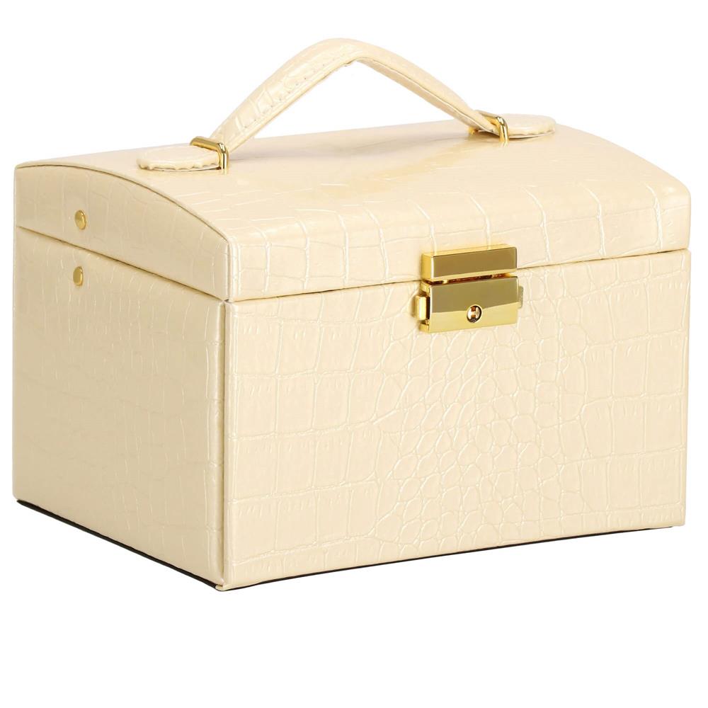 (DL) Cutie depozitare si organizare bijuterii, MDF, piele ecologica si velur, 17,5 x 14 x 12,5cm, crem