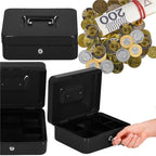 Caseta pentru bani tip cutie de valori, compartimentanta, cu cheie, metal, 25x20x9cm, negru