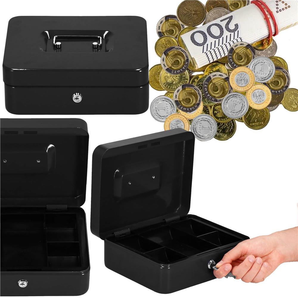 Caseta pentru bani tip cutie de valori, compartimentanta, cu cheie, metal, 25x20x9cm, negru