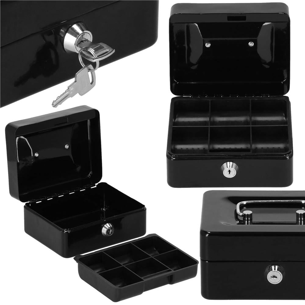 Caseta pentru bani tip cutie de valori, compartimentanta, cu cheie, metal, 15x12x8cm, negru
