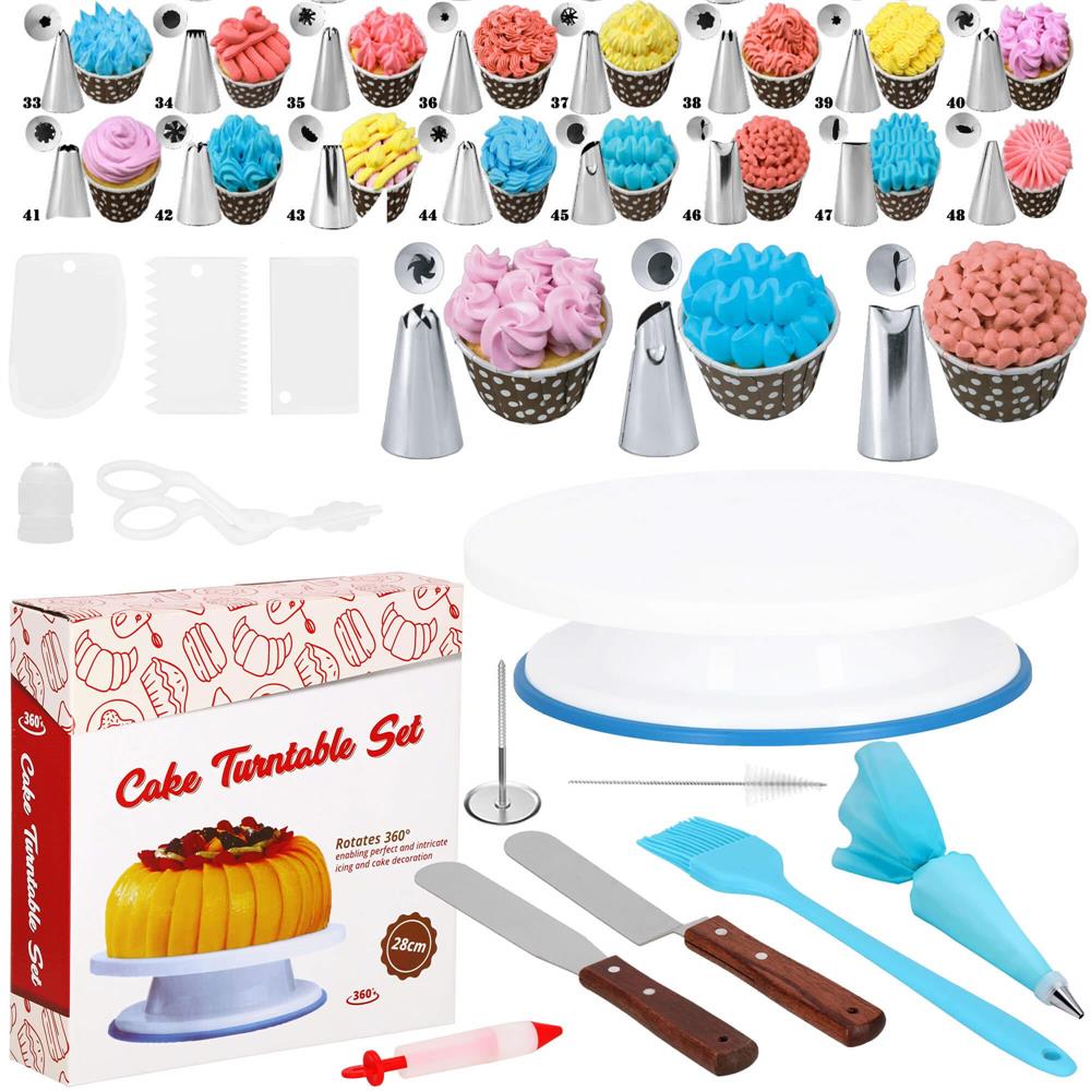 Set patiserie cu platou rotativ, 37 piese cu sabloane pentru ornarea prajiturilor