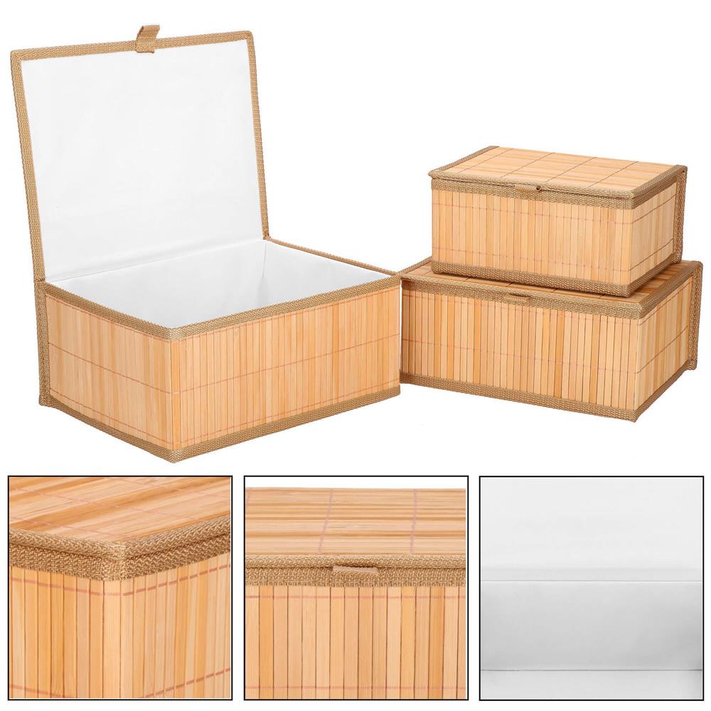Set 3 cutii organizatoare din bambus, cu capac, diverse dimensiuni, maro