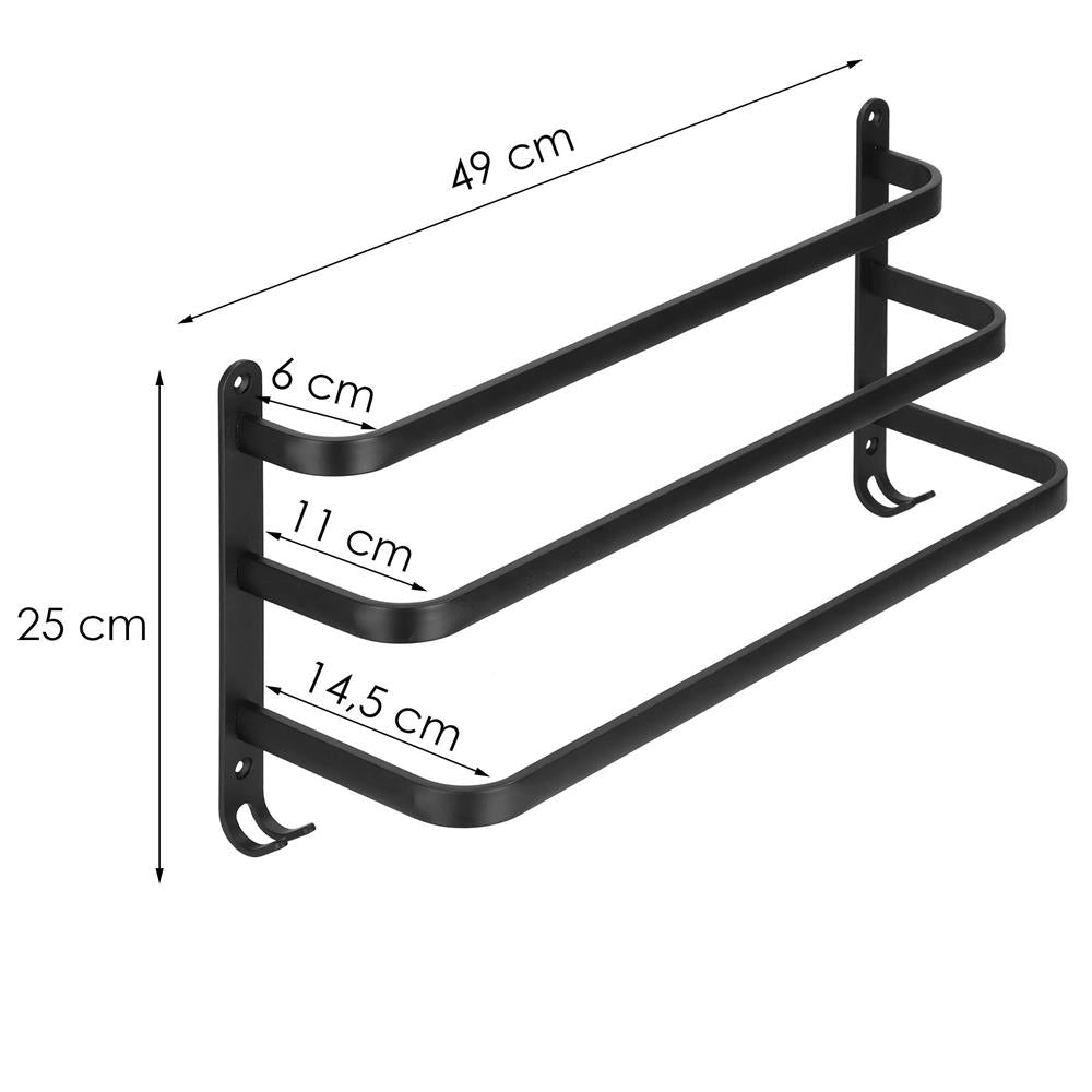 Suport prosoape pentru baie cu 2 sisteme de instalare, 3 brate, din aluminiu, 49x25cm, negru